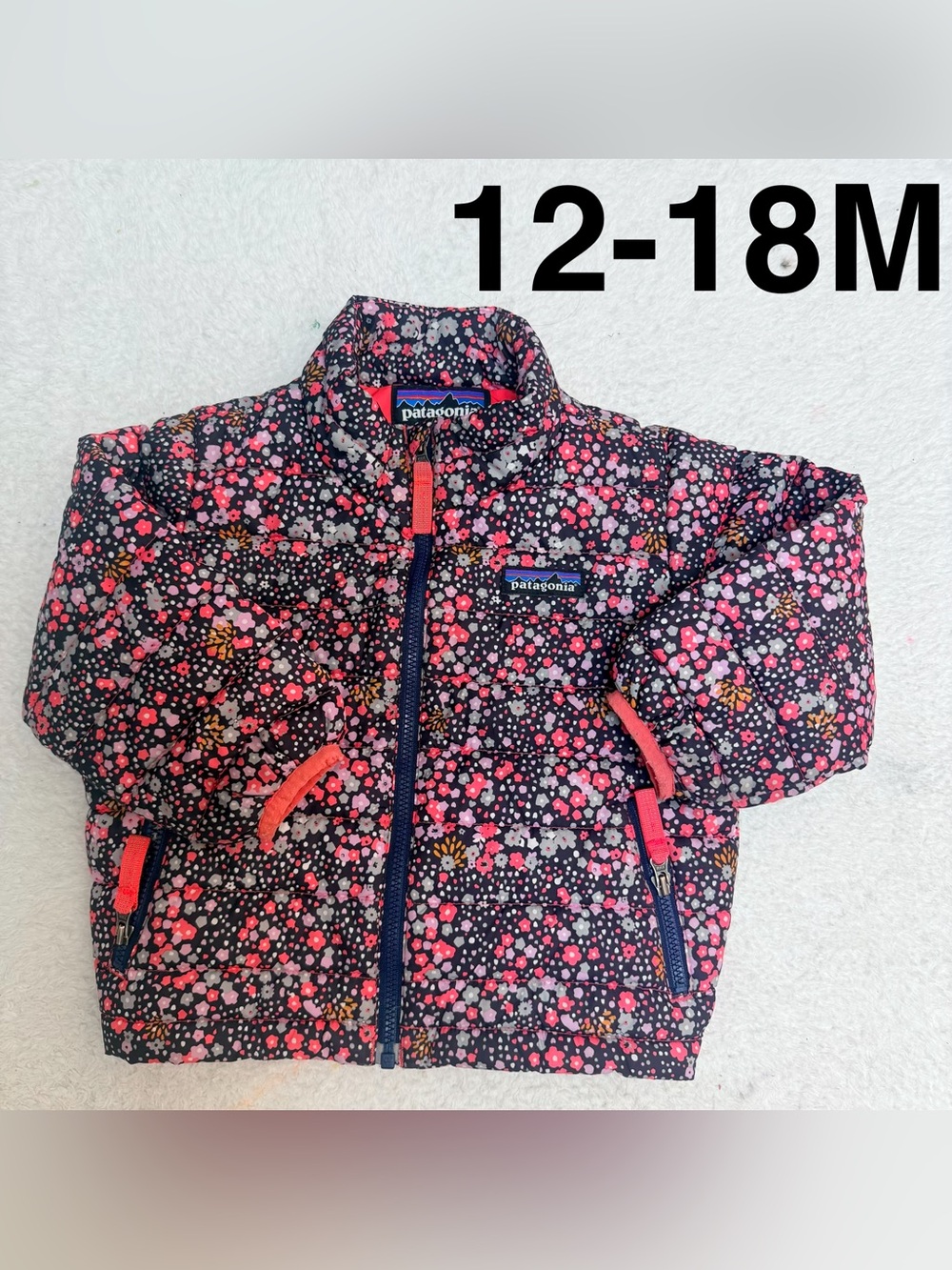 Patagonia Girls Floral Puffer Jacket - Navy, Pink & Coral 12-18M